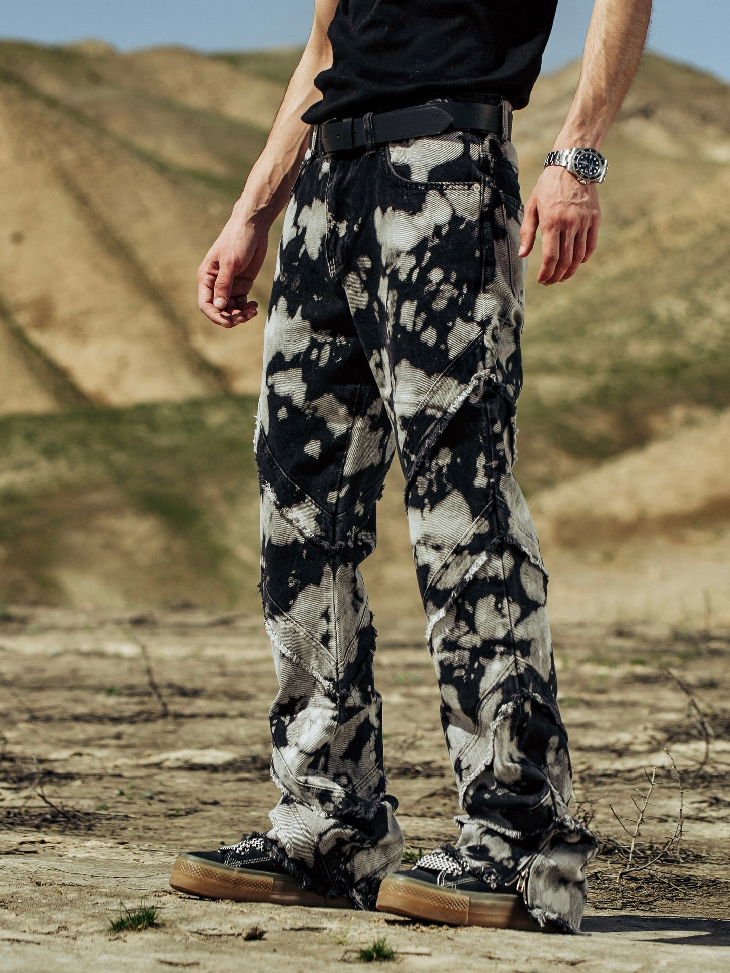 Black White Side Zipper Jeans