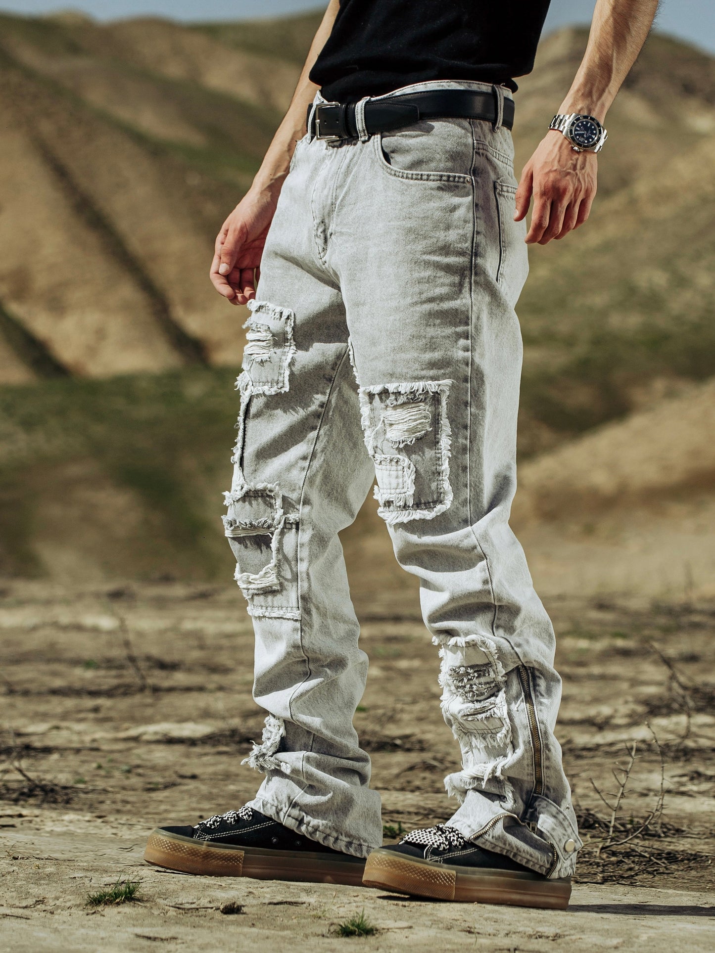 Grey Distressed Side Zip Jeans