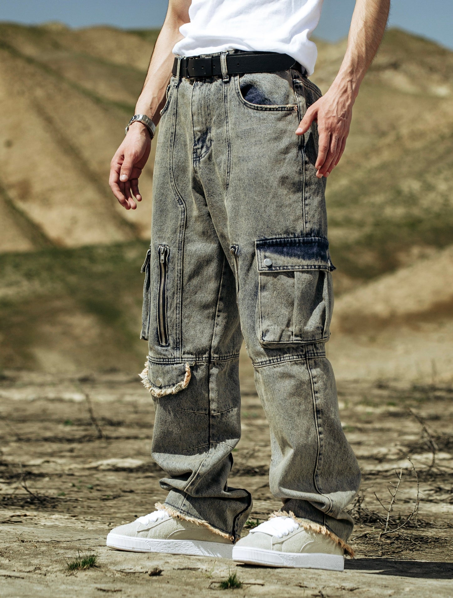 Cream Wash Cargo Zip Jeans