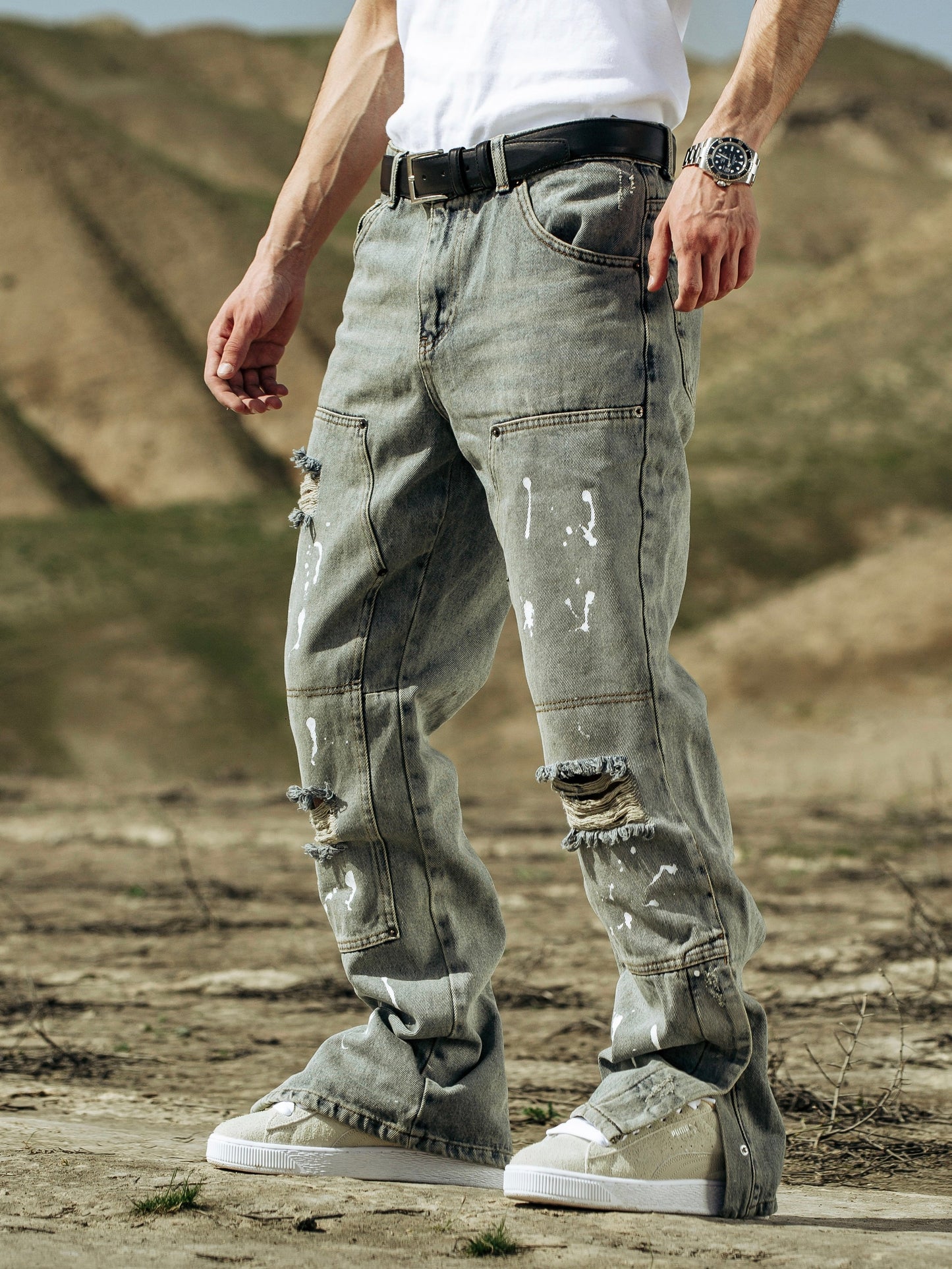 Cream Wash Side Button Jeans