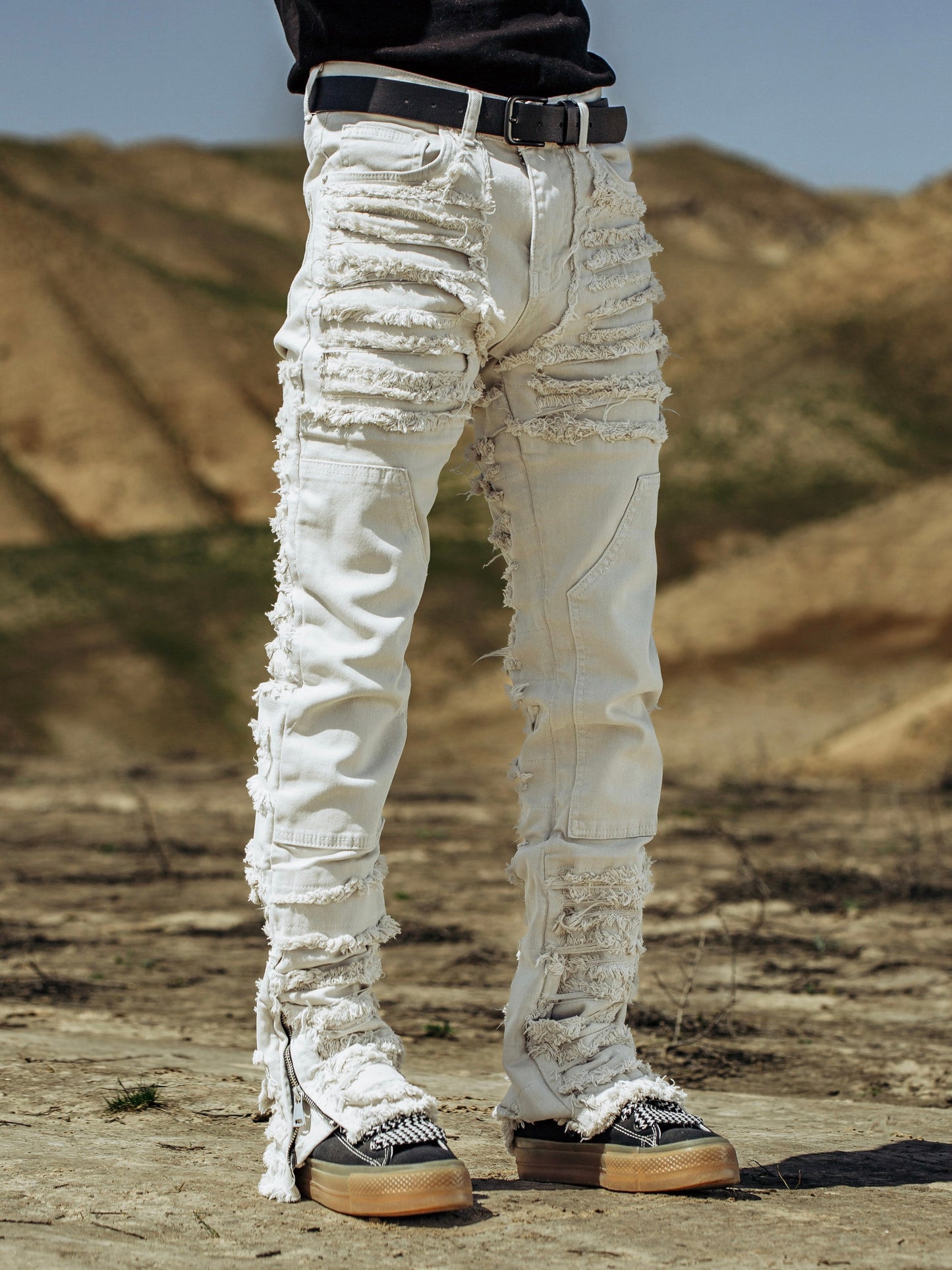 Light Beige Distressed Zip Jeans