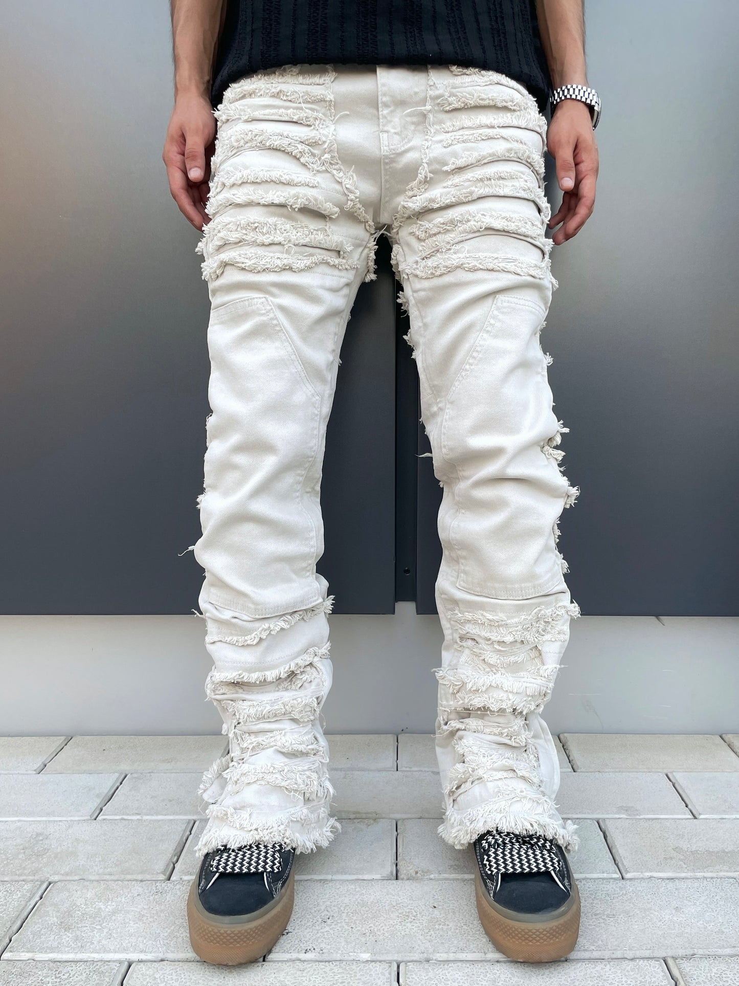 Light Beige Distressed Zip Jeans