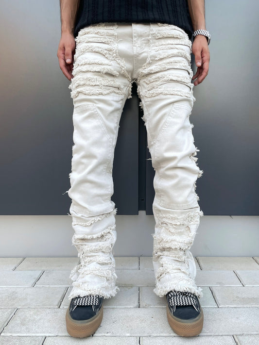 Light Beige Distressed Zip Jeans