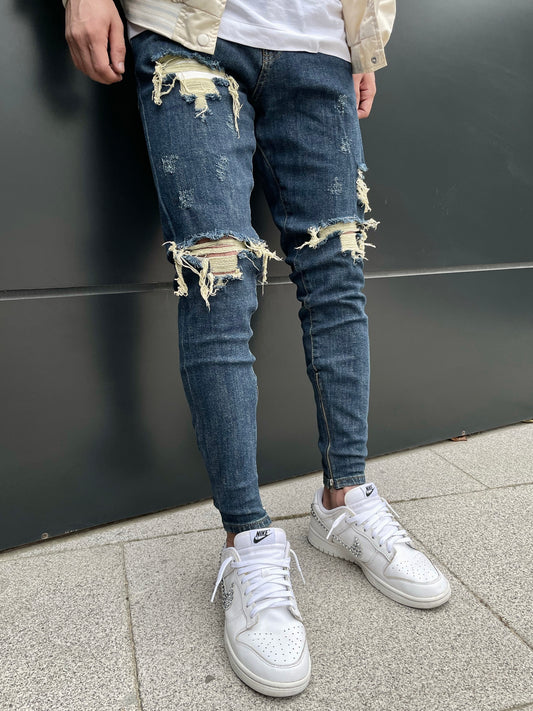 Dark Blue Ripped Zipper Jeans