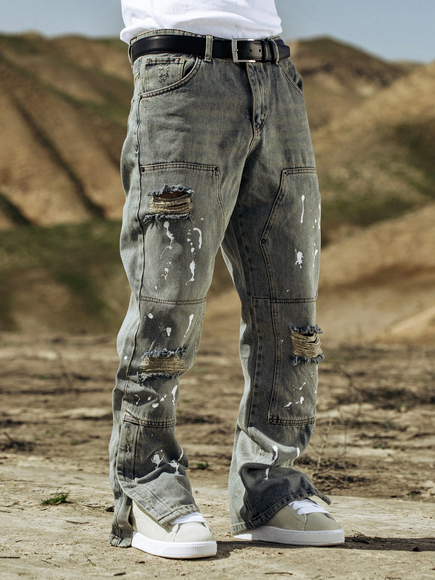 Cream Wash Side Button Jeans