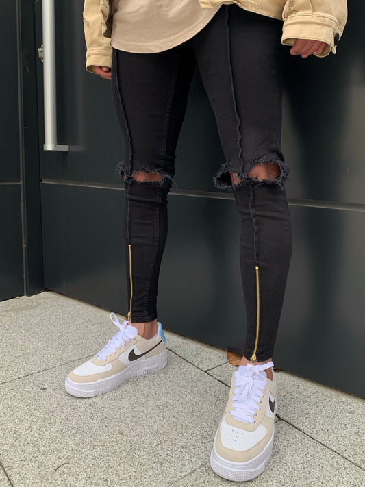 Black Ripped Zipper Jeans