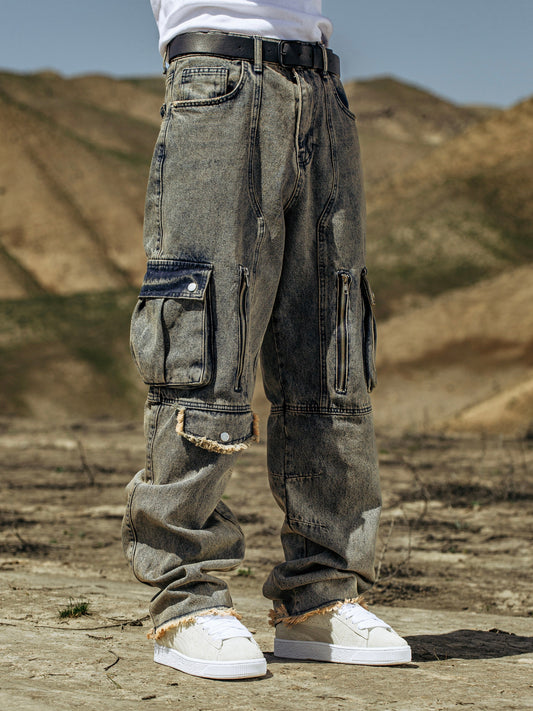 Cream Wash Cargo Zip Jeans