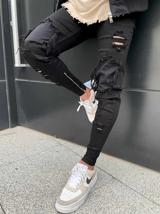 Black Ripped Zipper Jeans