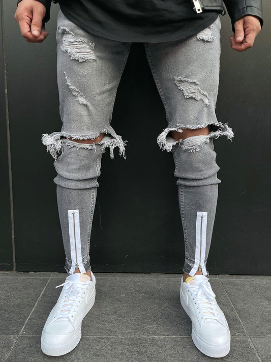 Grey Ripped Zipper Jeans