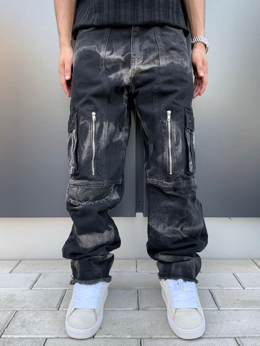 Washed Black Cargo Zip Jeans