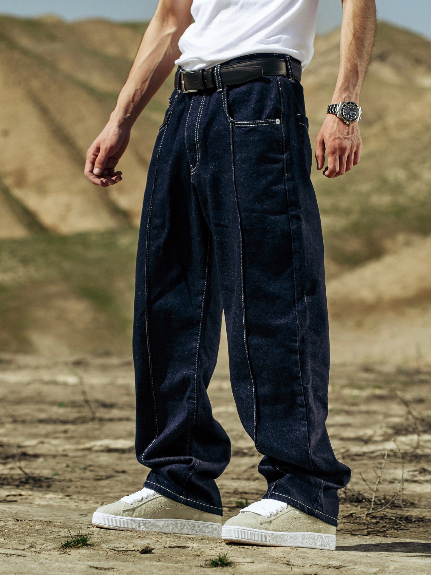 Navy Blue Pinstriped Jeans